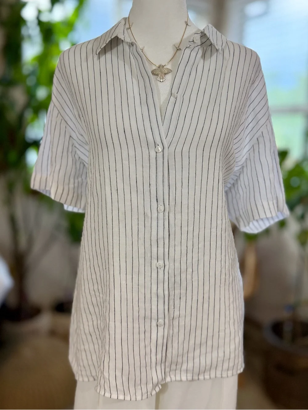 Eileen Fisher White Button-Down Shirt with Black Pinstripes - Picture 5 of 10